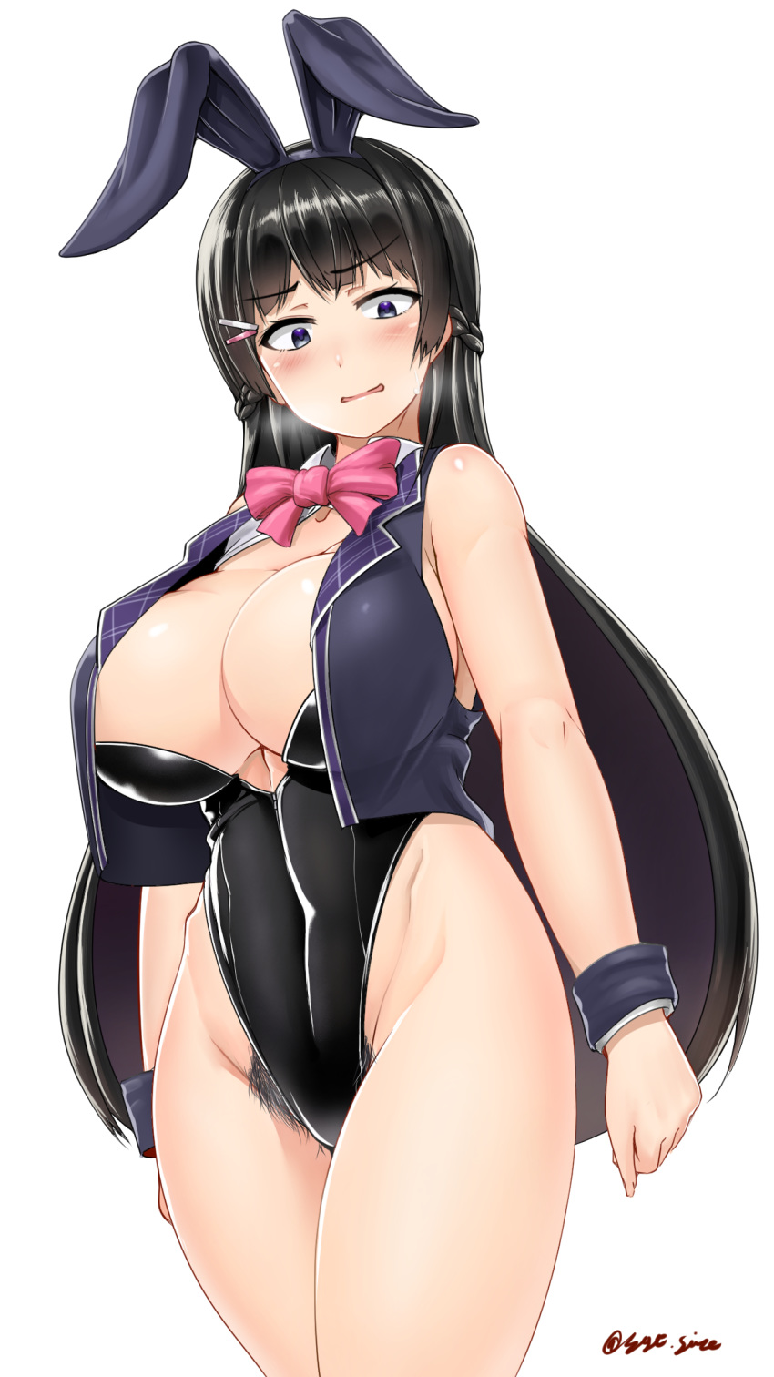 adapted_costume animal_ears bangs bare_arms bare_shoulders black_hair black_hairband black_leotard blush bow bowtie braid breasts breath bunny_ears bunny_girl bunnysuit closed_mouth collarbone collared_vest commentary_request covered_navel crop_top crop_top_overhang cropped_vest curvy excessive_pubic_hair eyebrows_visible_through_hair fake_animal_ears fingernails french_braid furrowed_eyebrows grey_eyes groin hair_ornament hairband hairclip head_tilt heavy_breathing highres hips huge_breasts legs_together leotard long_hair looking_down nijisanji open_clothes open_vest parted_lips pink_neckwear pubic_hair pubic_hair_peek saizu_nitou_gunsou shiny shiny_clothes shiny_hair shiny_skin sidelocks simple_background smile solo standing straight_hair strapless strapless_leotard sweat thighs tsukino_mito twitter_username very_long_hair vest virtual_youtuber white_background wrist_cuffs