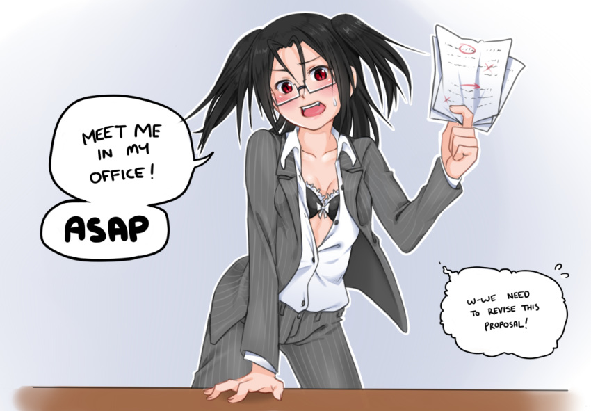 black_bra black_hair blush bow bow_bra bra breasts business_suit commentary english fangs formal glasses long_hair open_clothes open_mouth red_eyes rosario+vampire shuzen_akua slit_pupils small_breasts solo speech_bubble suit techsupportdog underwear vampire