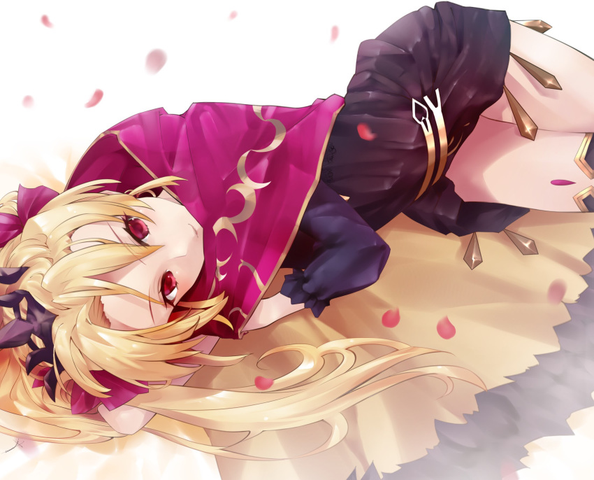 blonde_hair cape ereshkigal_(fate/grand_order) fate/grand_order fate_(series) hair_ornament highres long_hair looking_at_viewer lying on_side petals red_cape red_eyes red_ribbon ribbon solo utayoi_(umakatare)