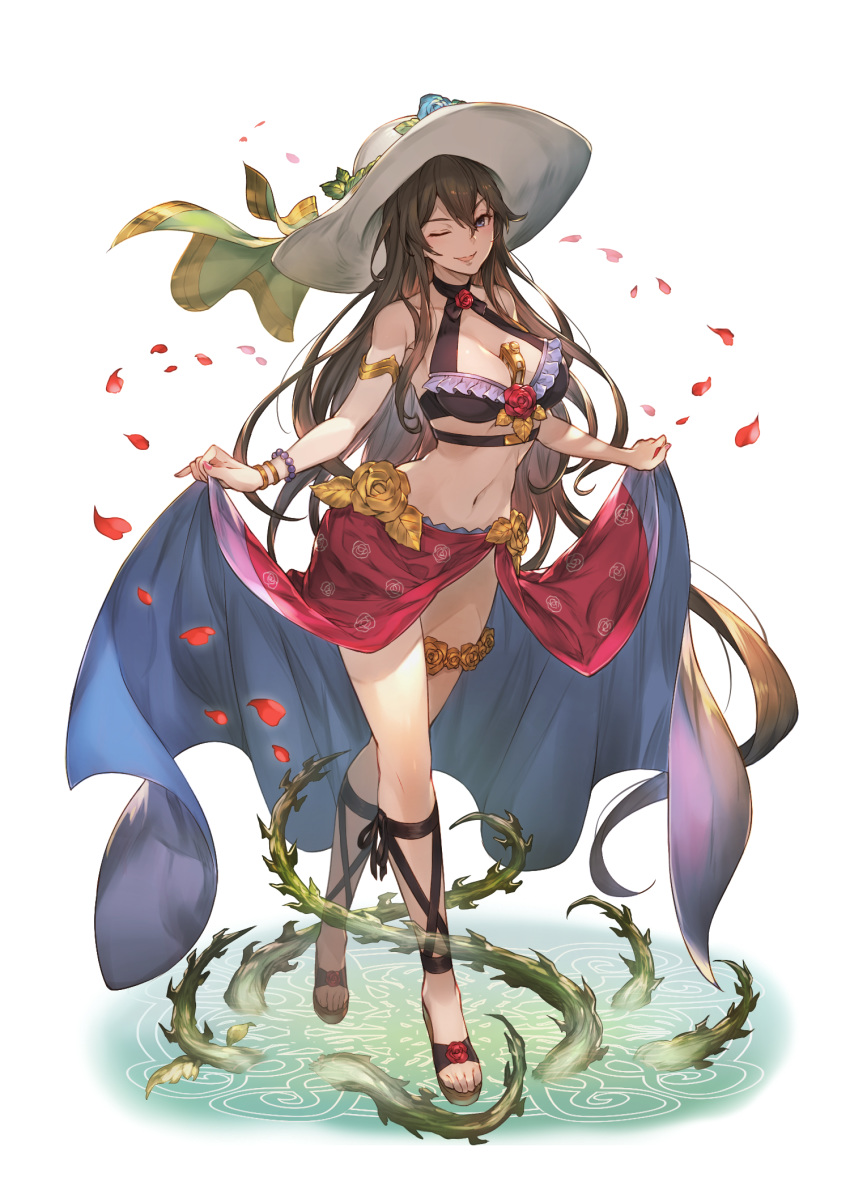 armlet bangs bare_shoulders between_breasts bikini bracelet breasts brown_hair choker flower frilled_bikini frills granblue_fantasy grin groin hat hat_ribbon highres jewelry kakage long_hair looking_at_viewer nail_polish navel no_socks petals plant psd_available purple_eyes ribbon rose rosetta_(granblue_fantasy) sarong sarong_lift simple_background skirt skirt_lift smile solo sun_hat swimsuit thigh_strap vines white_background
