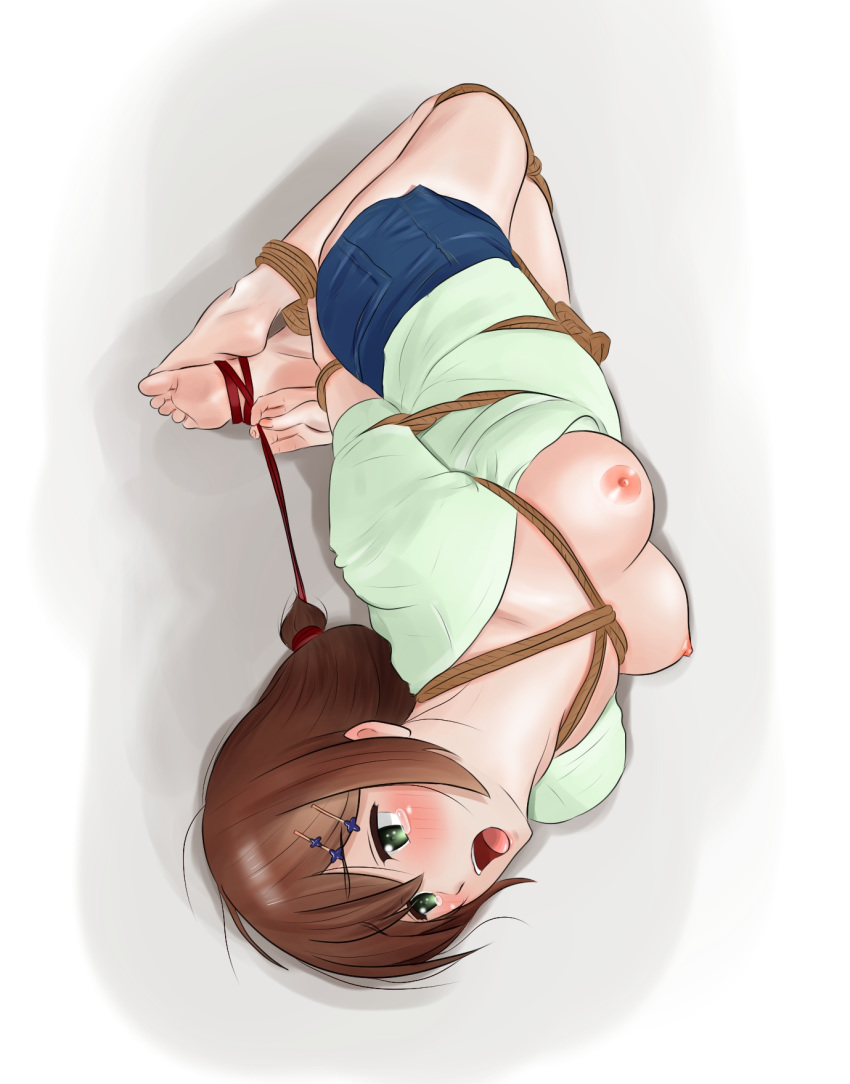 barefoot bdsm blush bondage bound breasts breasts_outside brown_hair feet green_eyes highres lying medium_breasts nipples no_bra on_side open_mouth shirow_(mha03133) short_shorts shorts simple_background slow_start soles solo tears tied_up toes tokura_eiko white_background