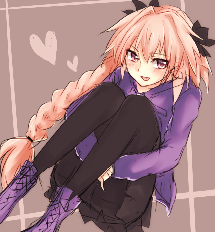 :3 :d ankle_boots astolfo_(fate) bangs black_bow black_legwear black_skirt blush boots bow braid commentary_request cross-laced_footwear eyebrows_visible_through_hair fang fate/apocrypha fate_(series) grey_background hair_between_eyes hair_bow heart highres hood hood_down hooded_jacket jacket knees_together_feet_apart knees_up lace-up_boots leg_hug long_hair long_sleeves looking_at_viewer male_focus miniskirt open_mouth otoko_no_ko pantyhose pink_hair pleated_skirt purple_eyes purple_footwear purple_jacket simple_background single_braid sketch skirt smile solo tanaji