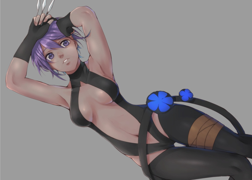 bare_shoulders black_hairband breasts center_opening fate/grand_order fate_(series) hairband hassan_of_serenity_(fate) holding holding_knife knife looking_at_viewer medium_breasts purple_eyes purple_hair rinkuruto short_hair throwing_knife weapon