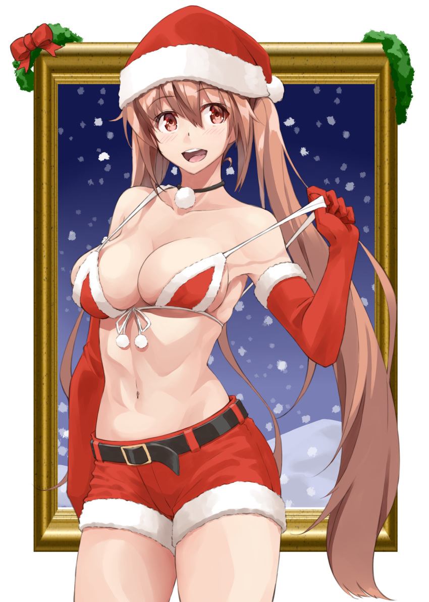 absurdres bare_shoulders belt bikini_pull bikini_top bow breasts choker cleavage cowboy_shot elbow_gloves eyebrows_visible_through_hair frame front-tie_bikini front-tie_top fur_trim gloves hair_between_eyes hat highres kantai_collection long_hair medium_breasts murasame_(kantai_collection) navel pom_pom_(clothes) red_bikini_top red_bow red_gloves red_hat red_shorts santa_costume santa_hat short_shorts shorts shunichi solo stomach twintails very_long_hair wreath