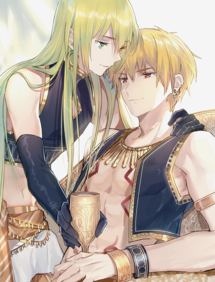 1other abs androgynous armlet bare_chest bare_shoulders blonde_hair bodypaint bracelet cup drinking_glass earrings elbow_gloves enkidu_(fate/strange_fake) fate/grand_order fate/strange_fake fate_(series) gilgamesh gloves gold_trim green_eyes green_hair hand_on_another's_shoulder highres jewelry long_hair looking_afar looking_at_another male_focus navel necklace qingshui_ai red_eyes short_hair sitting smile upper_body wine_glass
