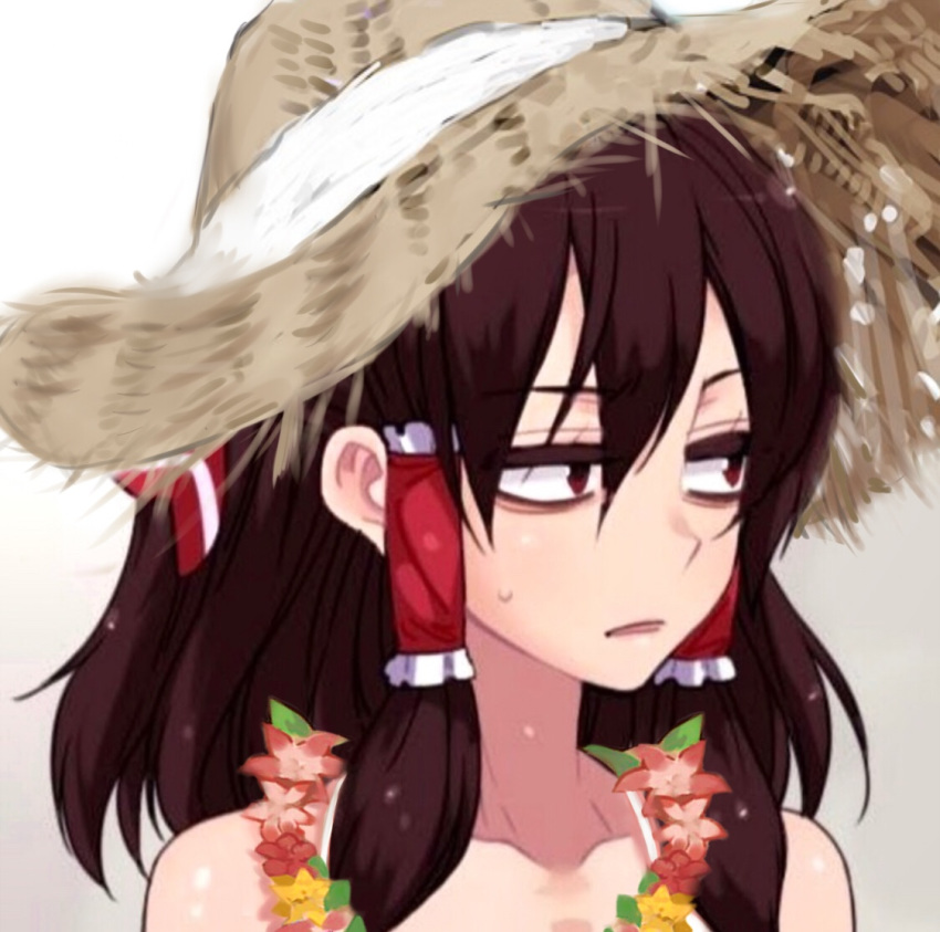 bags_under_eyes bare_shoulders brown_eyes brown_hair collarbone commentary_request flower hair_between_eyes hair_tubes hakurei_reimu half-closed_eyes hat lei lilith_(olanda) long_hair looking_to_the_side parted_lips solo straw_hat sweat third-party_edit touhou upper_body