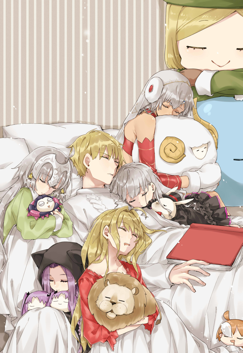 6+girls 88_(einnimnech) absurdres ahoge altera_(fate) altera_the_santa babe_(fate) blonde_hair caster_(fate/zero) commentary dark_skin euryale fate/extella fate/extra fate/grand_order fate_(series) fujimaru_ritsuka_(female) gilgamesh girl_sandwich hat headpiece highres holding hood jeanne_d'arc_(fate)_(all) jeanne_d'arc_alter_santa_lily long_hair long_sleeves medusa_(lancer)_(fate) multiple_girls nero_claudius_(fate) nero_claudius_(fate)_(all) nursery_rhyme_(fate/extra) paul_bunyan_(fate/grand_order) purple_hair rider sandwiched sheep short_hair sleeping stheno very_long_hair younger