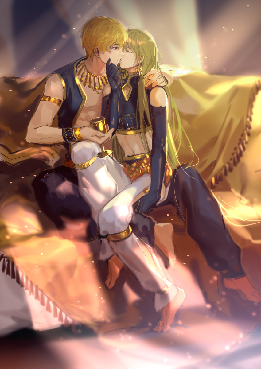 1other absurdres androgynous armlet barefoot black_pants blonde_hair blush bracelet closed_eyes cup earrings elbow_gloves enkidu_(fate/strange_fake) fate/grand_order fate/strange_fake fate_(series) full_body gilgamesh gloves gold_trim green_hair hand_on_another's_face hand_on_another's_shoulder highres imminent_kiss jewelry long_hair looking_at_another midriff navel necklace pants red_eyes rrr_(reason) short_hair sitting sitting_on_lap sitting_on_person very_long_hair white_pants
