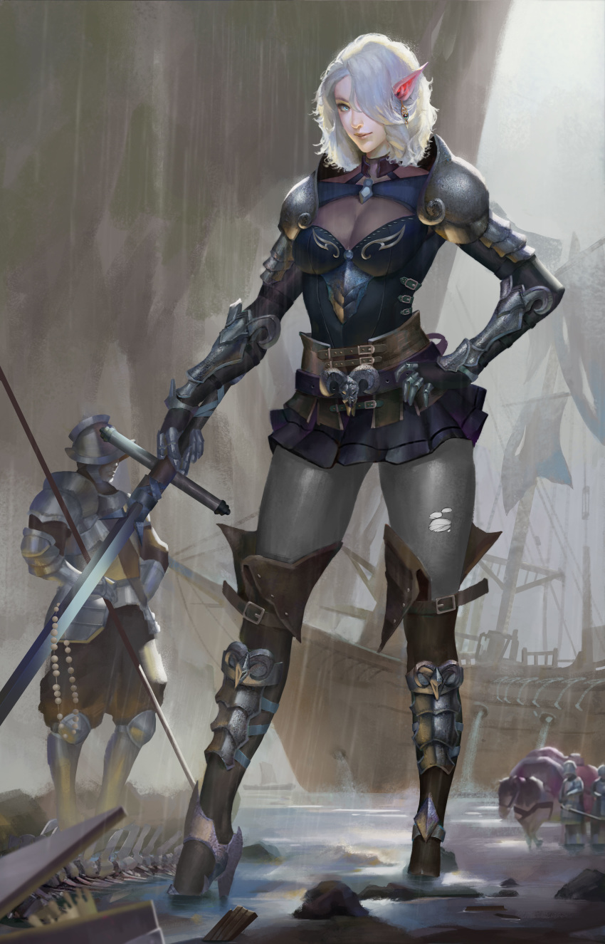 3boys absurdres armor ass_visible_through_thighs belt blue_eyes bodysuit breasts cleavage cleavage_cutout closed_mouth contrapposto elf full_body giantess hand_on_hip helmet high_heels highres horse looking_at_viewer magician_(china) medium_breasts medium_hair multiple_boys original pale_skin pauldrons pointy_ears rain revision sails ship shoulder_armor skin_tight smile spaulders spine standing sword torn_bodysuit torn_clothes vambraces watercraft weapon white_hair