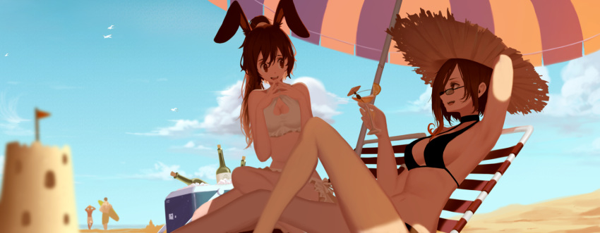 2girls :d alcohol animal_ears arm_behind_head arm_up armpits bangs bare_arms bare_legs bare_shoulders beach bikini black-framed_eyewear black_bikini black_choker blue_sky bottle bunny_ears cfvy chair champagne choker cleavage_cutout cloud coco_adel commentary cooler cup day dishwasher1910 drinking_glass fidgeting flag fox_alistair frilled_bikini frills glasses hat heart_cutout high_ponytail highres ice ice_cube knee_up long_hair lounge_chair lying multiple_boys multiple_girls on_back open_mouth outdoors ponytail profile rwby sand_castle sand_sculpture short_hair_with_long_locks sitting sky smile straw_hat sunglasses surfboard swimsuit umbrella upper_teeth velvet_scarlatina white_bikini yatsuhashi_daichi