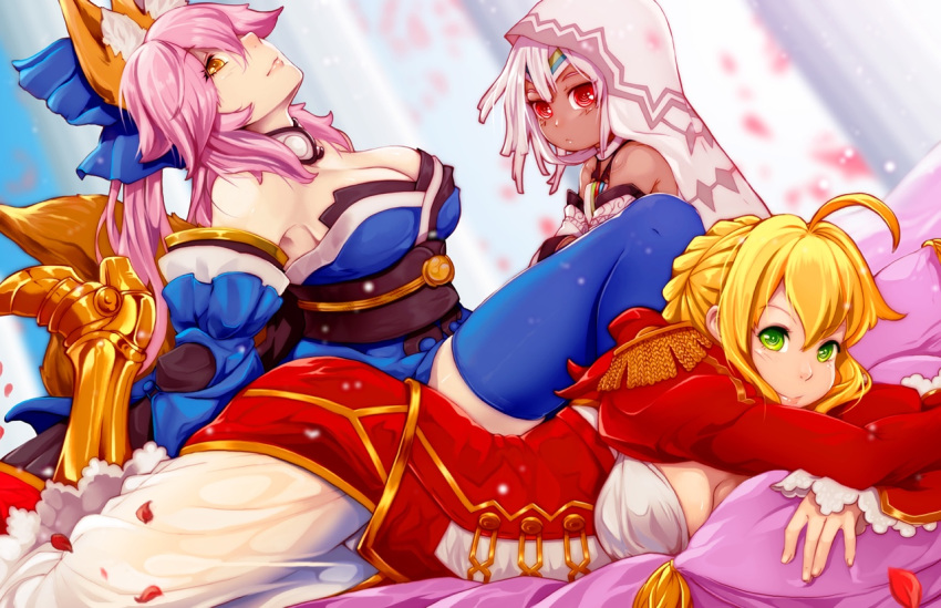 altera_(fate) blanket blonde_hair breasts commentary dark_skin dress fate/extella fate/extra fate_(series) japanese_clothes looking_at_viewer lying medium_breasts multiple_girls nero_claudius_(fate) nero_claudius_(fate)_(all) niandni on_stomach pink_hair red_dress red_eyes silver_hair tamamo_(fate)_(all) tamamo_no_mae_(fate) yellow_eyes