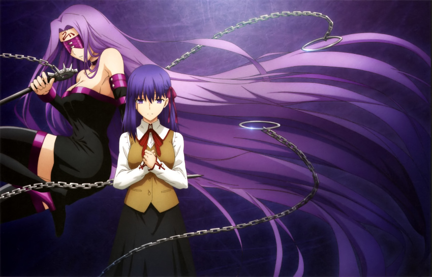 absurdly_long_hair asymmetrical_hair black_dress black_footwear black_legwear black_skirt blindfold boots breasts brown_vest chain choker cleavage collared_shirt cross_print detached_sleeves dress facial_mark fate/stay_night fate_(series) forehead_mark hair_ribbon hands_on_own_chest hands_together heaven's_feel highres holding holding_weapon homurahara_academy_uniform impossible_clothes impossible_dress jumping large_breasts lavender_hair leg_up long_hair long_skirt magazine_request matou_sakura multiple_girls nameless_dagger neck_ribbon official_art parted_lips pink_ribbon print_neckwear print_ribbon purple_background purple_choker purple_eyes purple_hair red_neckwear red_ribbon ribbon rider sad scan school_uniform shimamura_junpei shirt skirt standing strapless strapless_dress thigh_boots thighhighs very_long_hair vest weapon weapon_request white_shirt