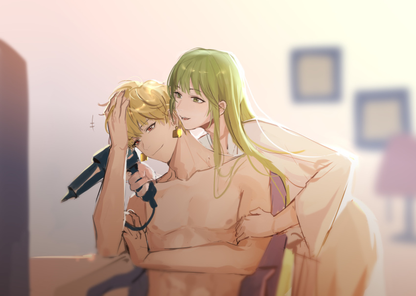 abs androgynous bangs blonde_hair blunt_bangs blurry blurry_background chair collarbone earrings enkidu_(fate/strange_fake) eyebrows_visible_through_hair fate/grand_order fate/strange_fake fate_(series) gilgamesh green_eyes green_hair hair_dryer hand_on_another's_arm hand_on_own_head highres jewelry leaning_on_person long_hair long_sleeves nipples no_shirt parted_lips red_eyes robe rrr_(reason) short_hair sitting smile upper_body whispering white_robe wide_sleeves