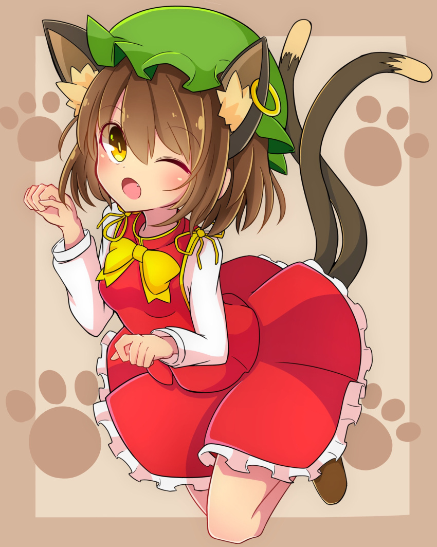 ;d ;o animal_ears bangs blush bow bowtie bright_pupils brown_background brown_eyes brown_footwear cat_ears cat_tail chen earrings extra_ears eyebrows_visible_through_hair fang frilled_skirt frills full_body green_hat hair_between_eyes hat highres inon jewelry long_sleeves mob_cap multicolored multicolored_eyes multiple_tails nekomata one_eye_closed open_mouth paw_background paw_pose red_skirt red_vest short_hair skirt smile solo tail tareme touhou two_tails vest yellow_bow yellow_eyes yellow_neckwear