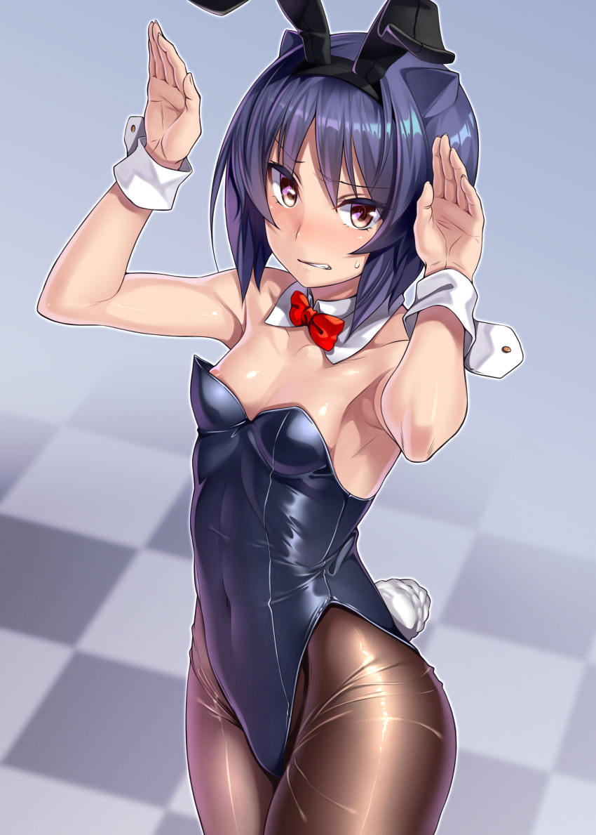 absurdres animal_ears arcana_heart areola_slip areolae armpits arms_up blue_hair blush bow bowtie breasts brown_legwear bunny_ears bunny_pose bunny_tail bunnysuit checkered checkered_floor clenched_teeth commentary_request covered_navel cowboy_shot daidouji_kira detached_collar embarrassed eyebrows_visible_through_hair fake_animal_ears hairband highres leotard orochi_itto pantyhose short_hair small_breasts solo sweatdrop tail teeth wrist_cuffs