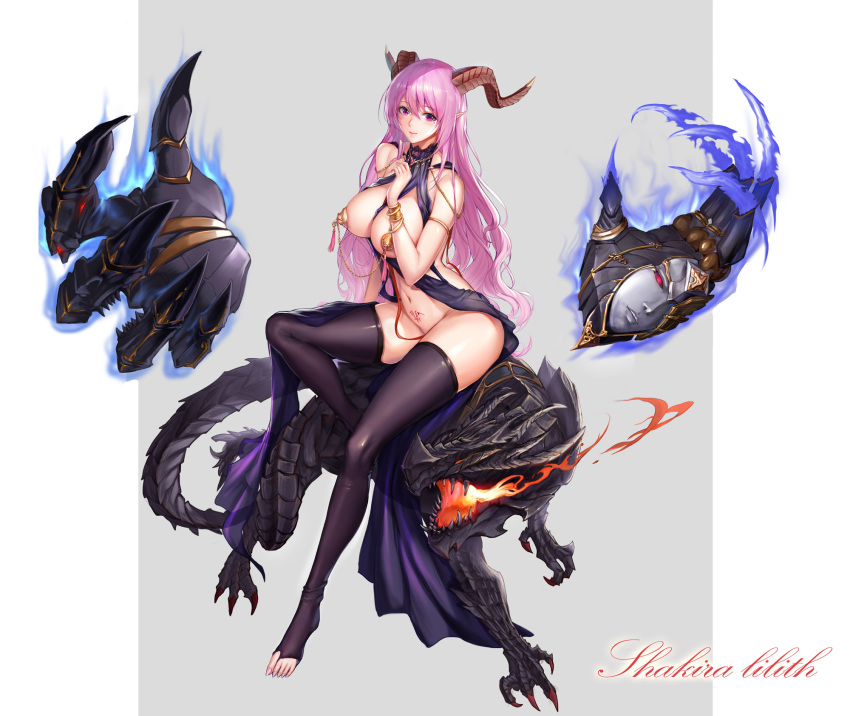 breasts horns monster no_bra nopan pasties pointy_ears signed tattoo thighhighs tsuki_no_i-min