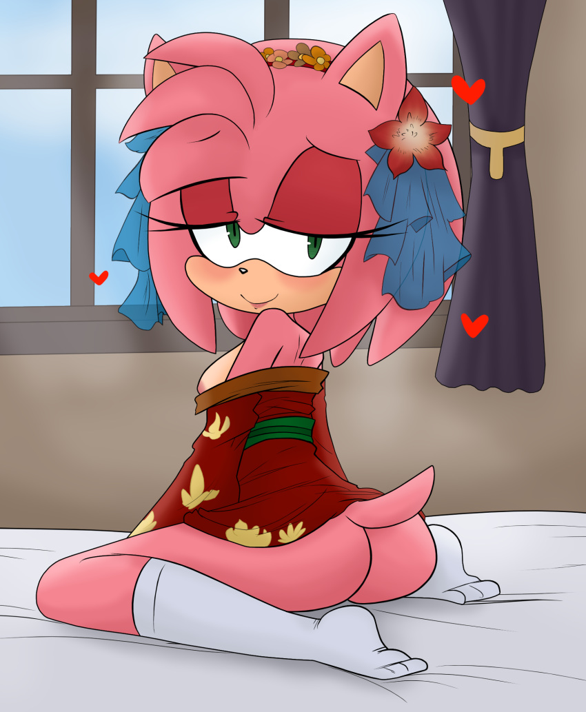 &lt;3 2018 amy_rose anthro bed bedroom_eyes black_nose blush bottomless breasts butt clothed clothing colored digital_media_(artwork) eyelashes female flower fur green_eyes hair hairband half-closed_eyes half_naked headdress hearlesssoul hedgehog hi_res inside japanese_clothing kimono legwear lips looking_at_viewer looking_back makeup mammal nipples nude pink_hair plant presenting presenting_hindquarters rear_view seductive short_hair sketch smile solo sonic_(series) teasing video_games window