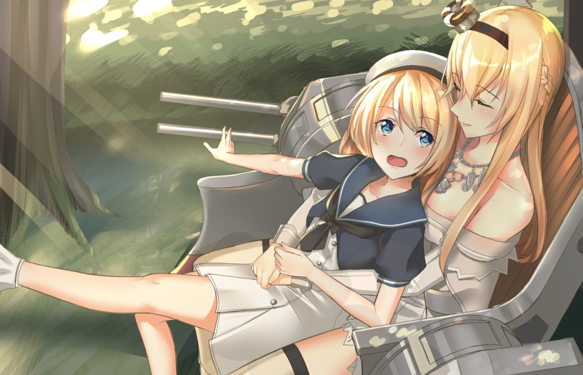 bangs bare_shoulders black_neckwear blonde_hair blue_eyes blue_sailor_collar blush braid breasts cannon closed_eyes closed_mouth collarbone commentary_request crown dress eyebrows_visible_through_hair french_braid gloves hair_between_eyes hairband hat hug jervis_(kantai_collection) jewelry kantai_collection leg_up long_hair long_sleeves looking_at_another machinery medium_breasts mini_crown multiple_girls necklace off-shoulder_dress off_shoulder open_mouth pallad rigging sailor_collar sailor_dress sailor_hat shade short_sleeves sidelocks sitting sitting_on_lap sitting_on_person smile thighhighs tree turret warspite_(kantai_collection) white_dress white_gloves white_hat white_legwear