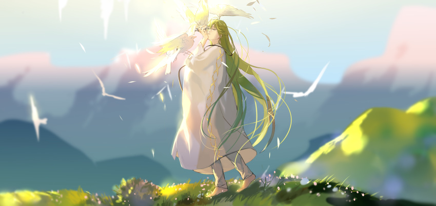 androgynous animal barefoot bird blurry blurry_background closed_eyes enkidu_(fate/strange_fake) fate/grand_order fate/strange_fake fate_(series) feathers full_body grass green_hair highres long_hair long_sleeves mountain robe rrr_(reason) sky standing very_long_hair white_legwear white_robe