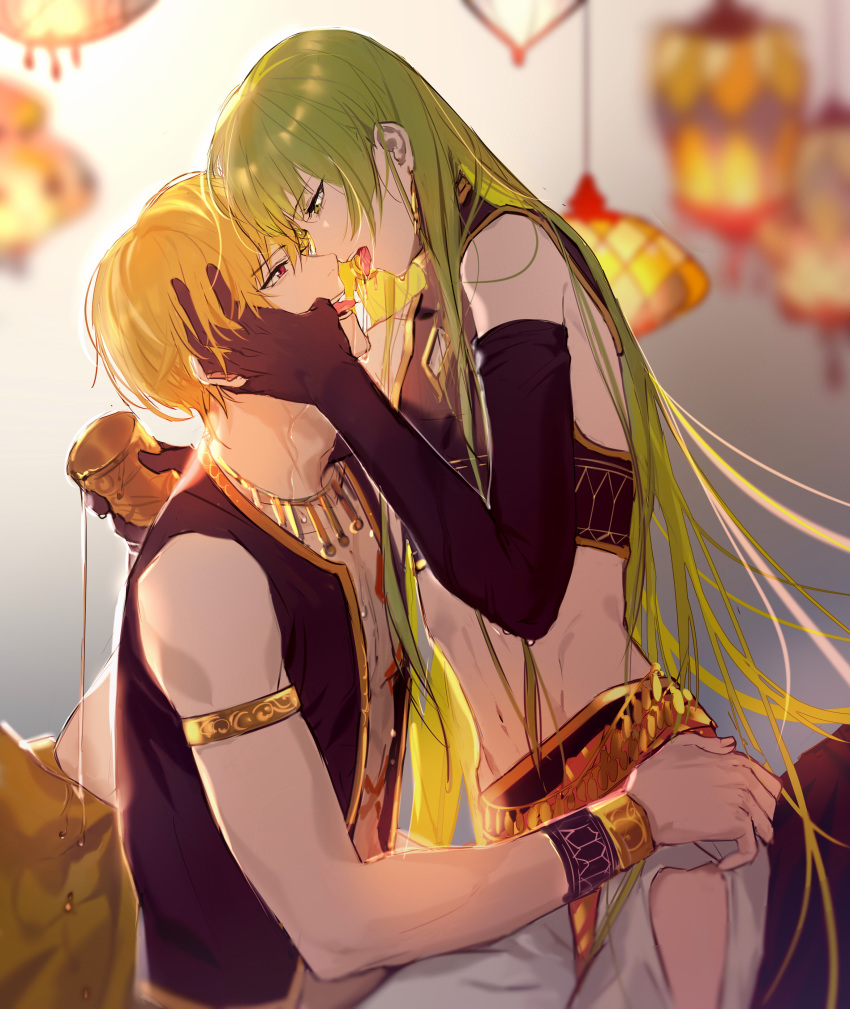 1other absurdres androgynous armlet bangs bare_shoulders blonde_hair bodypaint earrings elbow_gloves enkidu_(fate/strange_fake) eyebrows_visible_through_hair fate/grand_order fate/strange_fake fate_(series) gilgamesh gloves gold_trim green_eyes green_hair hand_on_another's_cheek hand_on_another's_face hand_on_another's_waist highres jewelry lamp long_hair looking_at_another navel necklace open_mouth pouring red_eyes rrr_(reason) saliva saliva_trail short_hair tongue tongue_out very_long_hair