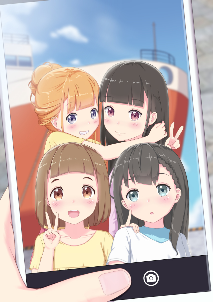 :d :o absurdres abwan black_hair blue_sky blurry blurry_background blush braid brown_eyes brown_hair cellphone_picture chinese_commentary cloud collarbone commentary_request day depth_of_field fingernails grey_eyes hair_bun highres kobuchizawa_shirase light_brown_hair long_hair miyake_hinata multiple_girls open_mouth outdoors parted_lips pink_shirt purple_eyes ship shiraishi_yuzuki shirt short_sleeves sky smile sora_yori_mo_tooi_basho tamaki_mari upper_body v very_long_hair watercraft white_shirt yellow_shirt