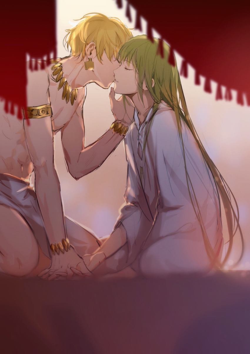 1other abs absurdres androgynous armlet bangs blonde_hair bracelet caress closed_eyes curtains earrings enkidu_(fate/strange_fake) eyebrows_visible_through_hair fate/grand_order fate/strange_fake fate_(series) gilgamesh green_hair hand_on_another's_face highres holding_hands interlocked_fingers jewelry kiss long_hair long_sleeves navel necklace robe rrr_(reason) seiza short_hair sitting white_robe