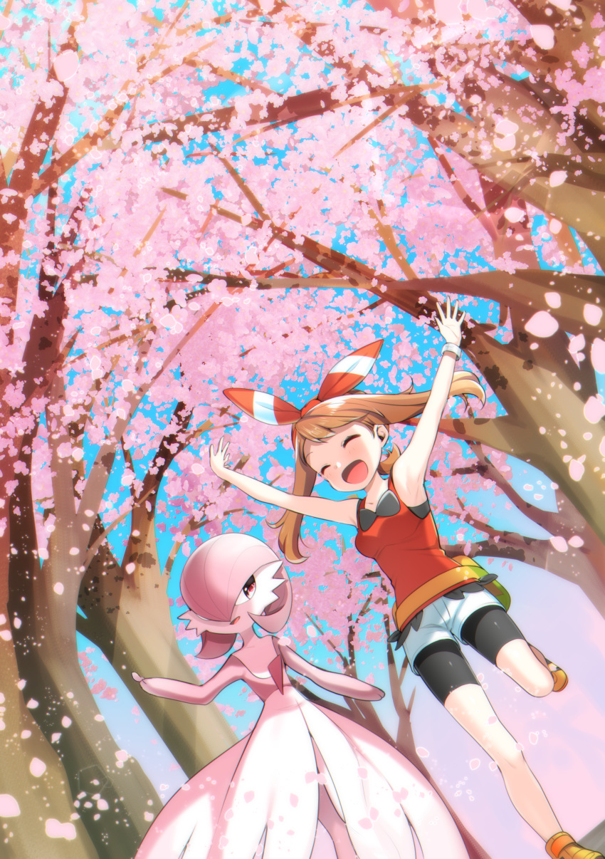 :d absurdres armpits arms_up bike_shorts black_shorts blue_sky bracelet brown_hair cherry_blossoms closed_eyes collarbone day floating_hair from_below gardevoir hair_ribbon hairband haruka_(pokemon) highres jewelry long_hair one_eye_closed open_mouth outdoors pokemon pokemon_(game) pokemon_oras red_hairband red_shirt ribbon shirt short_shorts shorts shorts_under_shorts sky sleeveless sleeveless_shirt smile standing standing_on_one_leg striped striped_ribbon tree white_shorts yuihiko