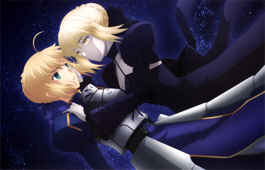 ahoge armor armored_dress artoria_pendragon_(all) blonde_hair blue_dress bow braid breasts cleavage collarbone dress dual_persona fate/stay_night fate_(series) faulds french_braid gauntlets green_eyes hair_ribbon hand_on_another's_cheek hand_on_another's_face heaven's_feel highres juliet_sleeves long_sleeves mitsui_arisa multiple_girls official_art open_mouth pale_skin puffy_sleeves ribbon saber saber_alter short_hair sidelocks sky small_breasts smile star_(sky) starry_sky yellow_eyes