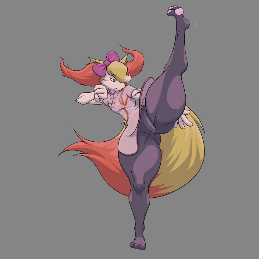 bottomless bow braixen chinese_clothing chinese_dress clothed clothing compression_artifacts dress fangs feet female fighting_stance grey_background hair hair_over_eye half-closed_eyes hi_res kick nintendo no_underwear notdeffend pawpads pok&eacute;mon pok&eacute;mon_(species) pussy raised_leg red_eyes simple_background solo spread_legs spreading standing standing_on_one_leg sweat uncensored upskirt video_games