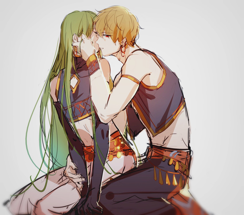 1other armlet blonde_hair closed_eyes earrings elbow_gloves enkidu_(fate/strange_fake) eyebrows_visible_through_hair fate/grand_order fate/strange_fake fate_(series) gilgamesh gloves gold_trim green_hair grey_background hand_on_another's_face highres imminent_kiss jewelry leaning_on_person long_hair looking_at_viewer midriff navel parted_lips red_eyes rrr_(reason) seiza short_hair simple_background sitting sketch sleeveless very_long_hair