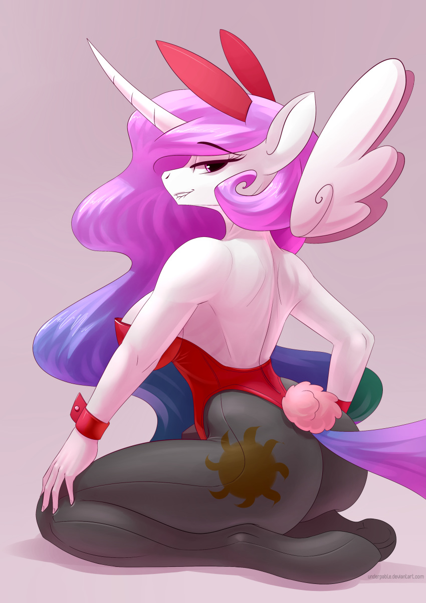 2018 anthro bedroom_eyes big_breasts biting_lip breasts bunny_costume clothed clothing costume cutie_mark equine female friendship_is_magic hair half-closed_eyes horn mammal my_little_pony pink_eyes pink_hair princess_celestia_(mlp) seductive simple_background smile underpable unicorn