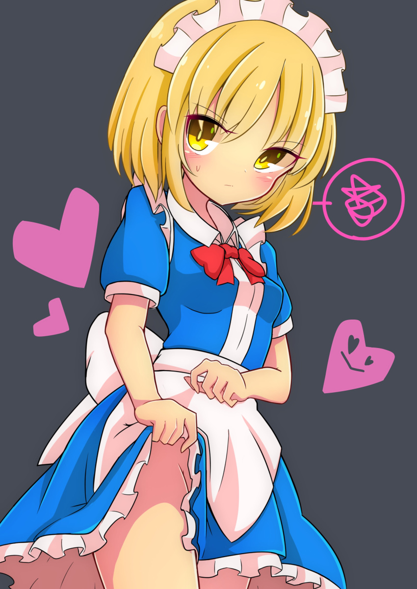 absurdres apron bangs blonde_hair blue_dress blush bow bowtie breasts bright_pupils brown_eyes closed_mouth cowboy_shot dress dress_lift eyebrows_visible_through_hair grey_background groin heart highres inon lifted_by_self looking_at_viewer maid_headdress mugetsu multicolored multicolored_eyes no_panties red_bow red_neckwear short_sleeves simple_background small_breasts smiley_face solo speech_bubble spoken_squiggle squiggle standing sweatdrop touhou touhou_(pc-98) upskirt v-shaped_eyebrows waist_apron white_apron yellow_eyes
