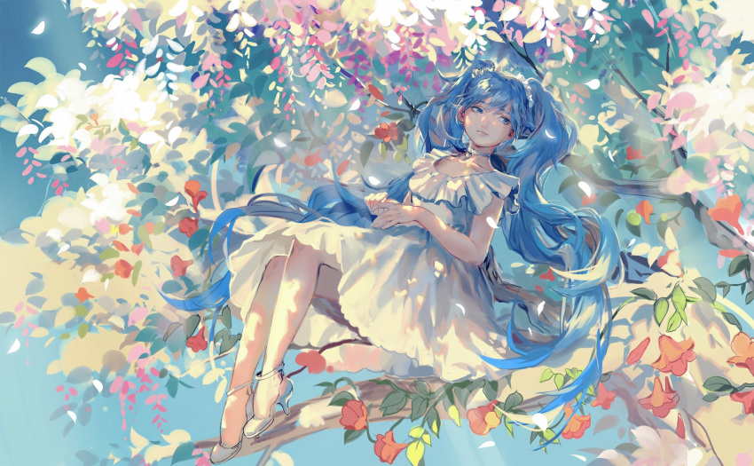 bangs blue_eyes blue_hair branch choker collarbone commentary dress english_commentary frills full_body hands_together hatsune_miku high_heels highres leaf long_hair looking_to_the_side rrr_(reason) sitting sleeveless solo tree twintails very_long_hair vocaloid white_dress white_footwear white_neckwear