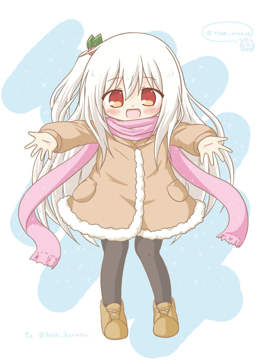 :d bangs black_legwear blush borrowed_character brown_coat brown_footwear coat commentary_request eyebrows_visible_through_hair full_body fur-trimmed_coat fur_trim hair_between_eyes hair_ornament highres leaf long_hair long_sleeves one_side_up open_mouth original outstretched_arms pantyhose pink_scarf pocket red_eyes rinechun scarf shoes sidelocks smile solo standing twitter_username very_long_hair white_hair