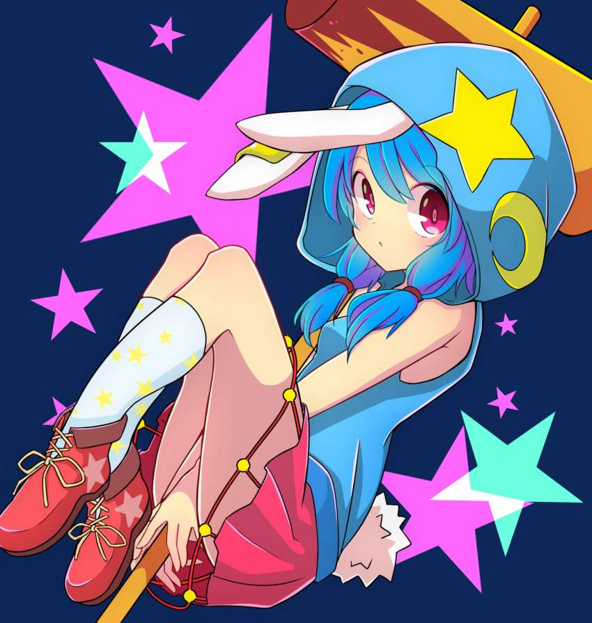 animal_ears ankle_boots bangs bare_arms bare_shoulders between_legs blue_hair boots bunny_ears bunny_tail crescent crescent_moon_pin ear_clip eyebrows_visible_through_hair from_side full_body hair_tie hammer hand_between_legs highres holding holding_hammer hood hood_up hoodie inon knees_up long_hair looking_at_viewer looking_to_the_side low_twintails miniskirt own_hands_together pink_skirt print_legwear purple_eyes red_footwear seiran_(touhou) skirt sleeveless sleeveless_hoodie solo star star_print starry_background tail tareme touhou twintails white_legwear