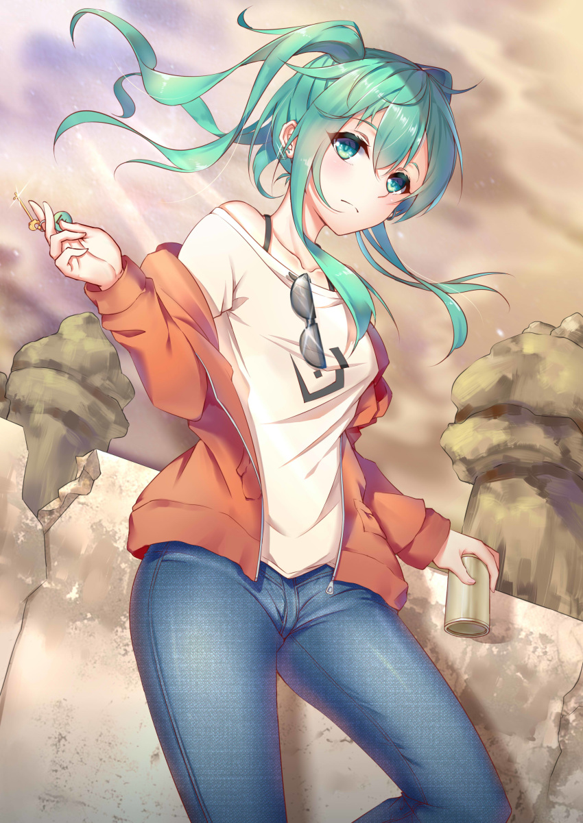 absurdres bangs bare_shoulders blue_pants blush broken_wall can closed_mouth collarbone commentary_request cracked_wall denim dutch_angle eyebrows_visible_through_hair eyewear_hang green_eyes green_hair hair_between_eyes hatsune_miku highres holding holding_can hood hoodie jeans key long_hair long_sleeves looking_at_viewer off-shoulder_shirt open_clothes open_hoodie orange_hoodie outdoors pants shirt sidelocks solo standing standing_on_one_leg stone_wall suna_no_wakusei_(vocaloid) sunglasses twintails vocaloid wall white_shirt yiyu_qing_mang