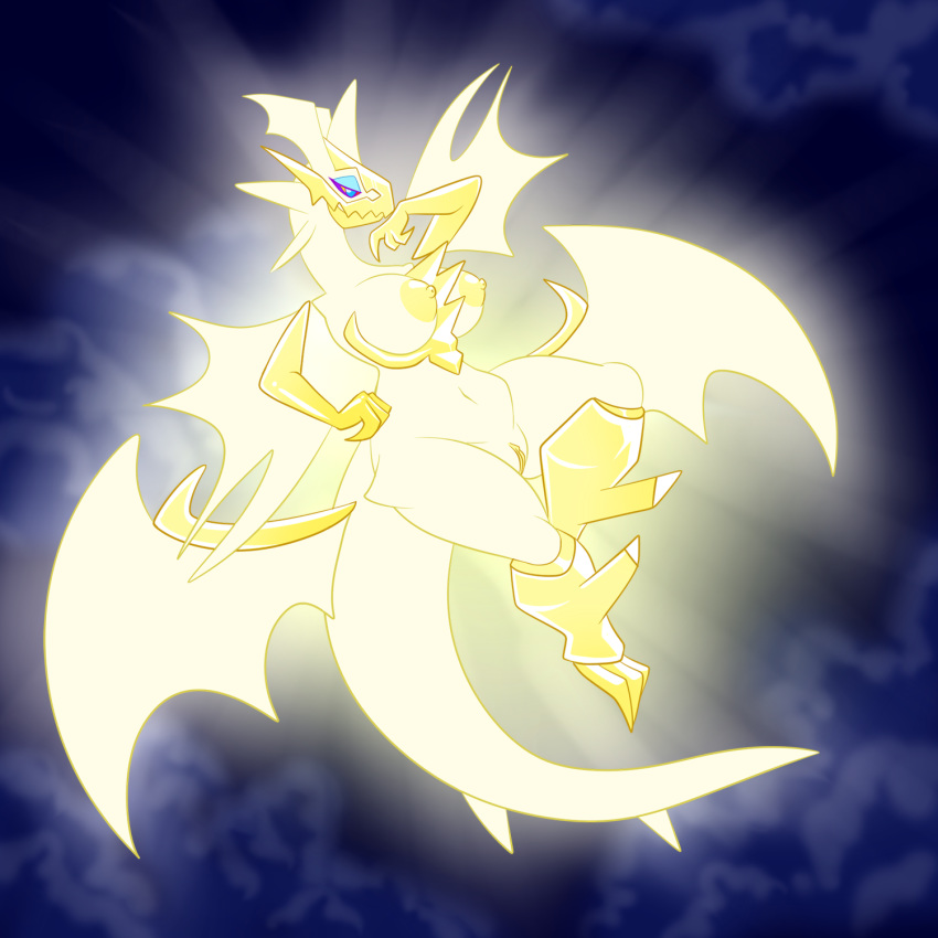 2017 anthro anthrofied areola big_areola big_breasts blue_eyes blurred_background breasts bright claws clitoris cloudscape dragon female floating_arms floating_wings flying full-length_portrait glowing glowing_body half-closed_eyes hand_on_chin legendary_pok&eacute;mon lonbluewolf long_neck long_tail navel night nintendo nipples non-mammal_breasts pok&eacute;mon pok&eacute;mon_(species) pok&eacute;morph portrait pseudo_clothing pussy scalie sky solo thick_thighs ultra_necrozma video_games voluptuous wide_hips winged_arms wings yellow_body yellow_sclera