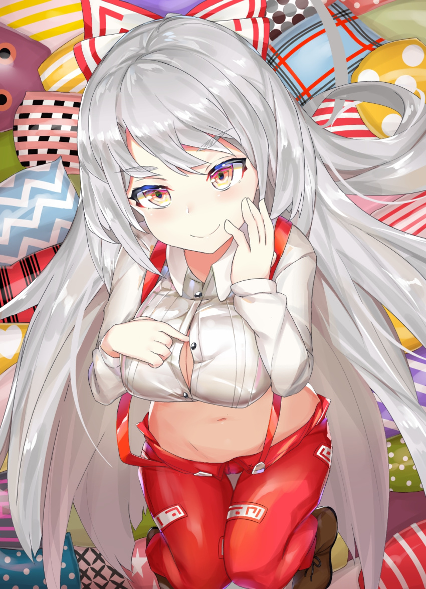 ashu bangs bow breasts brown_footwear buttons cleavage closed_mouth collared_shirt commentary_request cropped_shirt eyebrows_visible_through_hair from_above fujiwara_no_mokou hair_bow hand_on_own_chest hand_on_own_face hands_up head_tilt highres long_hair long_sleeves looking_at_viewer looking_up midriff navel ofuda ofuda_on_clothes open_clothes open_fly open_pants pants partially_unbuttoned pillow red_eyes red_pants shirt shoes silver_hair smile solo stomach suspenders thigh_gap touhou tsurime very_long_hair white_shirt wing_collar