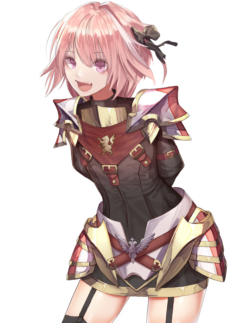:d absurdres arm_strap astolfo_(fate) bangs black_bow black_legwear black_shirt black_skirt bow buckle commentary contrapposto emblem eyebrows_visible_through_hair fang fate/apocrypha fate_(series) faulds garter_straps gold_trim gorget hair_between_eyes hair_bow hair_intakes highres legs_apart long_hair long_sleeves looking_at_viewer male_focus miniskirt multicolored_hair open_mouth otoko_no_ko pink_hair puffy_long_sleeves puffy_sleeves purple_eyes shiny shiny_hair shirt shoulder_armor simple_background skirt smile solo spaulders standing streaked_hair thighhighs turtleneck two-tone_hair white_background white_hair yanmaat