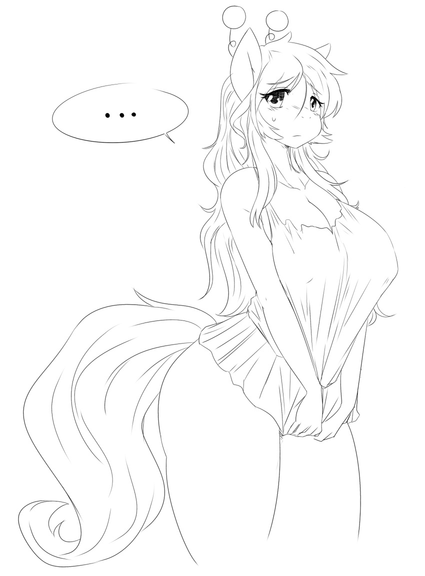 ... anime_eyes anthro big_breasts blush breasts clothed clothing cuddlesong equine female greyscale horse looking_at_viewer mammal monochrome nipple_bulge solo thick_thighs