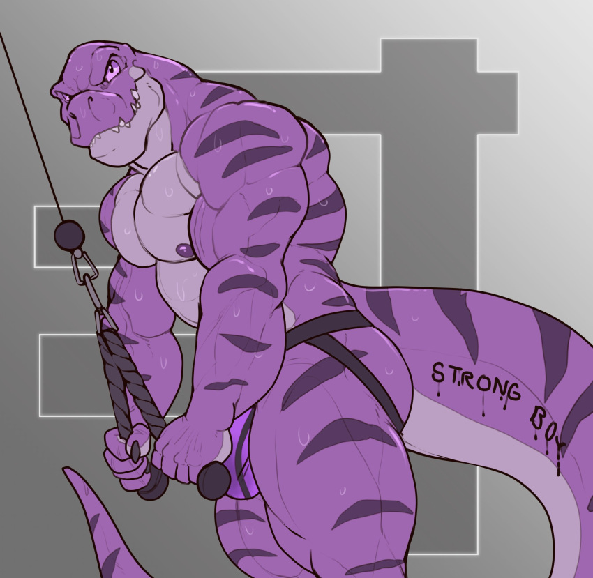 2018 abe_(myroneterni) anthro biceps big_muscles bulge butt claws clothed clothing dinosaur english_text exercise grin hi_res holding_object jockstrap looking_at_viewer male markings muscular muscular_male nightterror nipples partially_clothed pecs pink_eyes purple_nipples purple_skin rope simple_background smile solo standing teeth text theropod thick_tail thick_thighs tyrannosaurus_rex underwear vein weightlifting workout