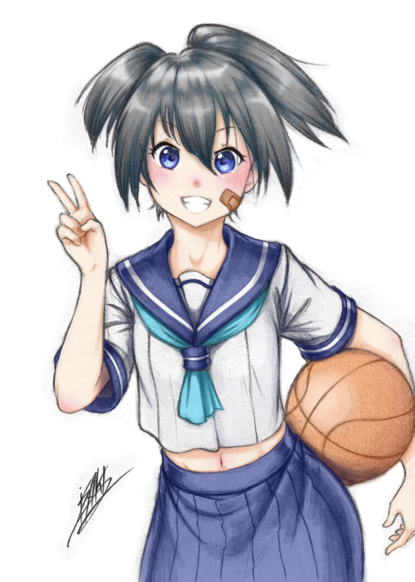 bandaid basketball black_hair black_rock_shooter blue_eyes blush highres isaki_tanaka kuroi_mato navel school_uniform serafuku short_hair short_twintails signature smile solo twintails v