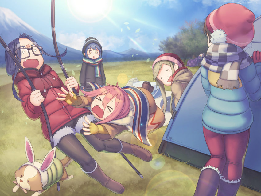 &gt;_&lt; black_legwear blanket blue_hair blue_sky blurry blush boots brown_hair camping chikuwa_(yurucamp) closed_eyes cloud commentary_request depth_of_field dog down_jacket earmuffs eyebrows_visible_through_hair fang fingerless_gloves fleeing gloves grass half-closed_eyes hat highres inuyama_aoi jacket kagamihara_nadeshiko long_sleeves mountain multiple_girls o_o oogaki_chiaki open_mouth outdoors pants pantyhose pantyhose_under_shorts pink_hair rotix saitou_ena scarf shima_rin shocked_eyes shorts sky sparkling_eyes sunlight surprised tent thick_eyebrows wavy_mouth winter_clothes yurucamp