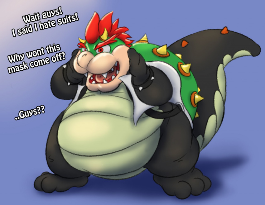 ! ... 3_toes ? anthro belly big_belly bowser dialogue digital_drawing_(artwork) digital_media_(artwork) dragoan english_text hair horn koopa long_tail male mario_bros mask nintendo overweight red_hair scalie simple_background solo spiked_cuffs spikes teeth text toes video_games wrist_cuff
