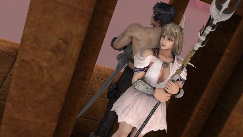 1boy 1girl 3d crossover engine_blade final_fantasy_xv sophitia_alexandra soul_calibur soul_calibur_iv soulcalibur_v sword trident weapon zwei_(soulcalibur)