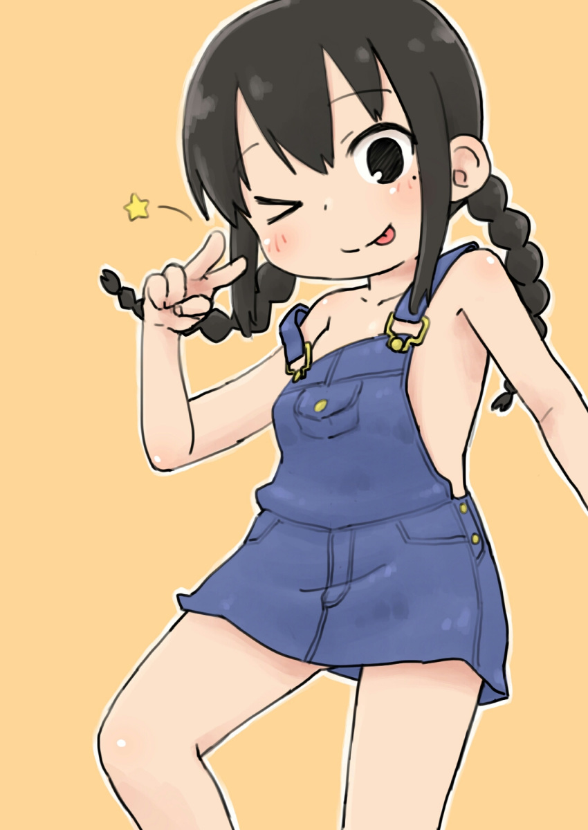 :p arm_up black_eyes braid denim dress highres long_hair mitsudomoe ogata_airi one_eye_closed overall_skirt overalls short_dress smile solo strap_slip tomboo tongue tongue_out twin_braids twintails v