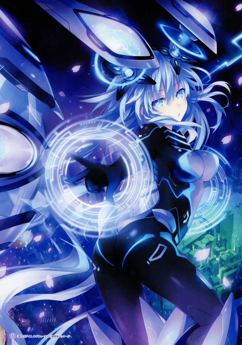 absurdres arched_back ass bangs blue_eyes blue_hair bodysuit breasts building cityscape gloves hair_between_eyes headgear highres long_hair looking_at_viewer looking_back magic_circle magical_girl mechanical_wings medium_breasts neon_trim neptune_(series) next_purple official_art open_mouth outstretched_arm purple_hair purple_heart scan shin_jigen_game_neptune_vii solo standing symbol-shaped_pupils tsunako twintails very_long_hair wings
