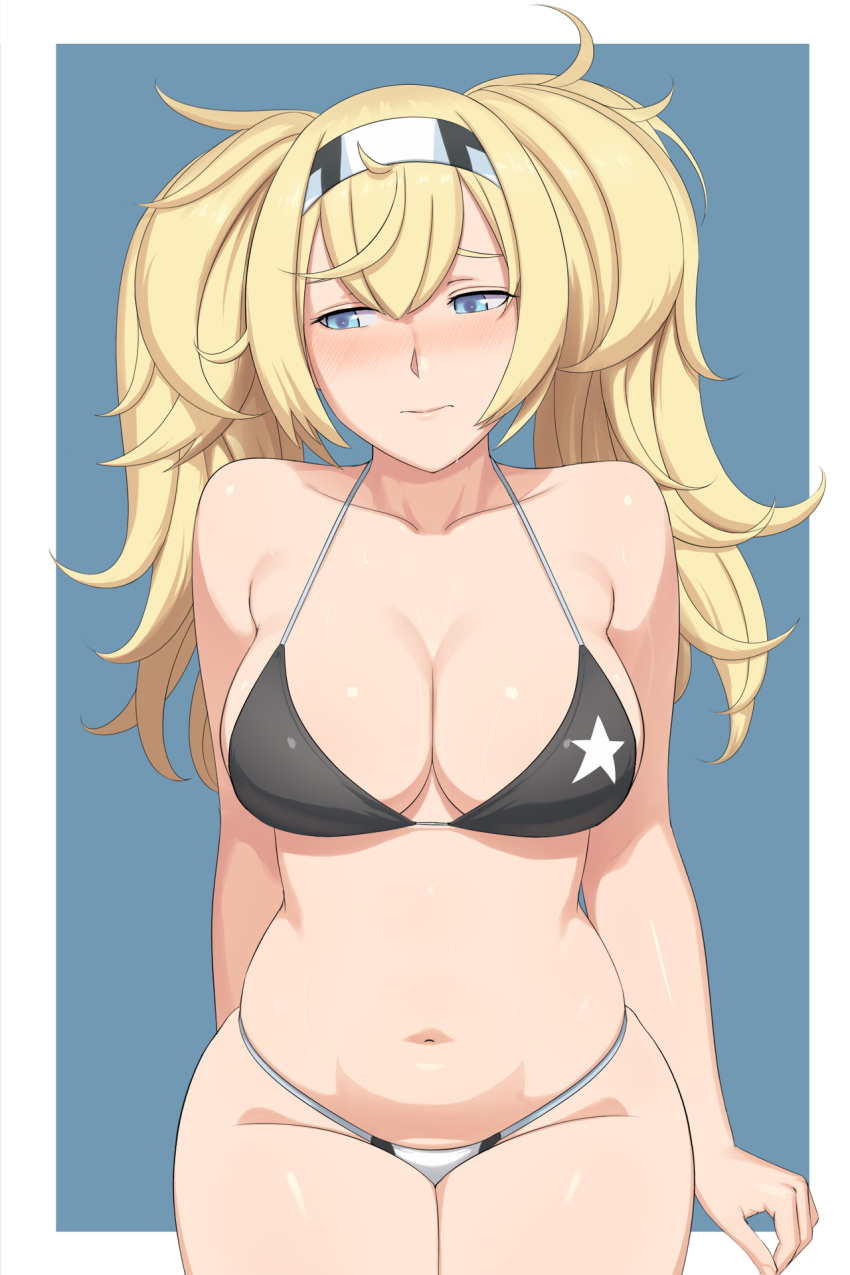 alternate_costume bangs bare_shoulders bikini black_bikini_top blonde_hair blue_eyes blush breasts cleavage closed_mouth collarbone commentary gambier_bay_(kantai_collection) hair_between_eyes hairband halter_top halterneck highres kantai_collection large_breasts lips long_hair looking_away lvl_(sentrythe2310) navel simple_background skindentation solo star stomach swimsuit twintails white_bikini_bottom