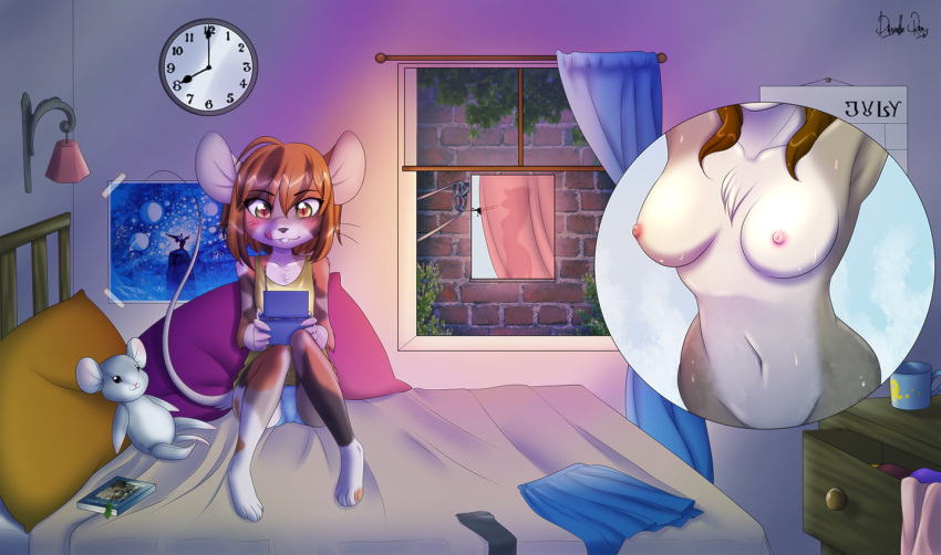 bed bedroom book breasts brick brown_hair calico_cat cat clock clothing cub cup devoid-kiss disney dresser drone fantasia feline female hair hybrid mammal mouse navel nipples pillow plushie poster rodent skirt spying tongue tongue_out voyerism window young