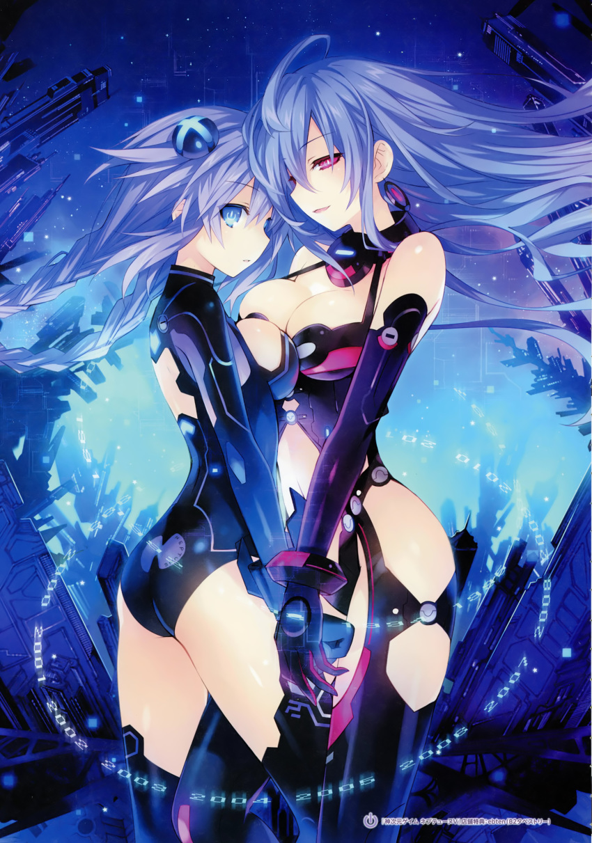 absurdres ass bangs bodysuit braid breast_press breasts cleavage cleavage_cutout cowboy_shot elbow_gloves eyebrows_visible_through_hair from_side gloves hair_ornament half-closed_eyes height_difference highres iris_heart kami_jigen_game_neptune_v leotard long_hair looking_at_viewer medium_breasts multiple_girls neon_trim neptune_(series) official_art parted_lips power_symbol purple_heart scan shiny shiny_skin simple_background sleeveless smile symbol-shaped_pupils symmetrical_docking thighhighs tsunako twin_braids twintails